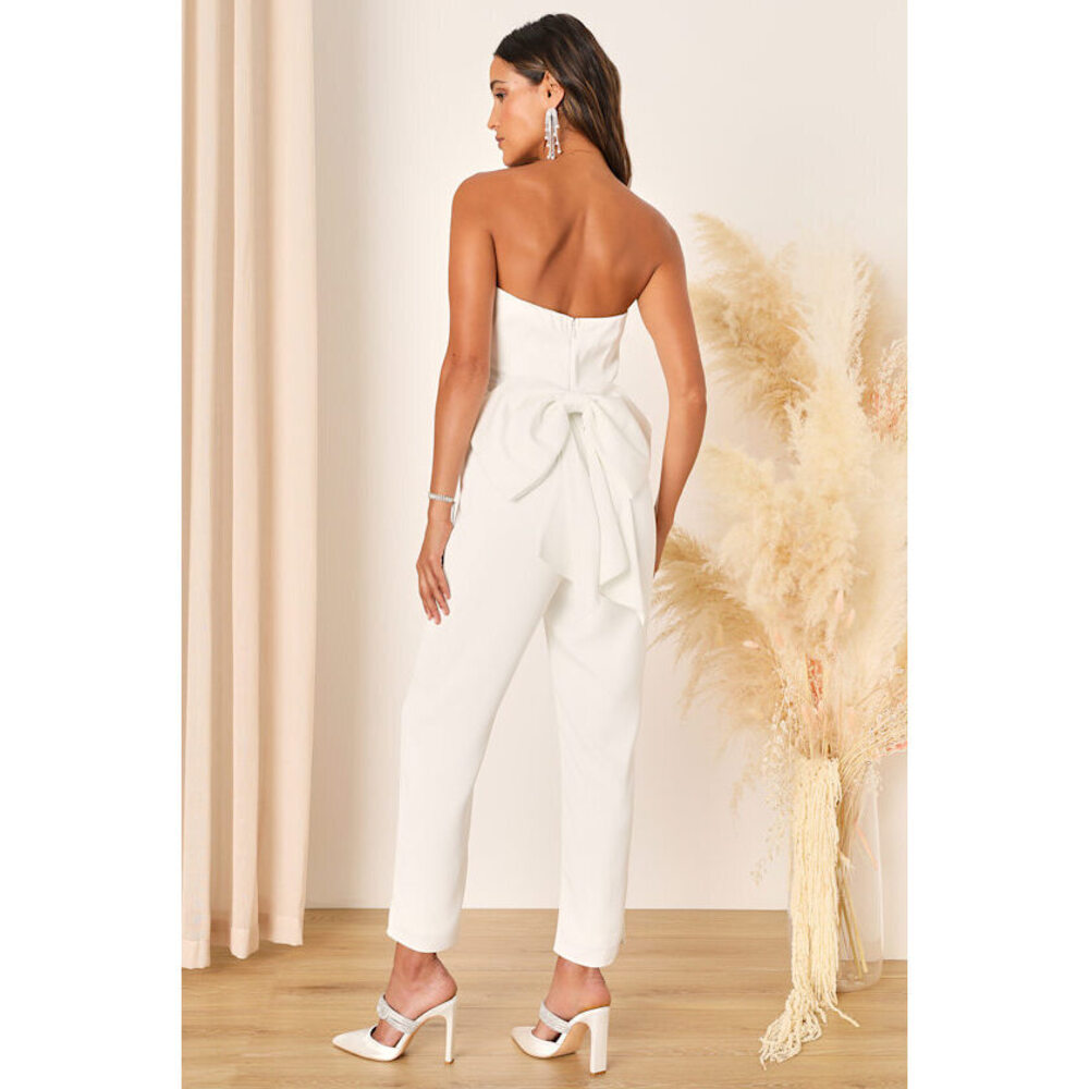 Lulus Beloved Bliss Ivory Strapless Slim Leg Bow Jumpsuit White - Size XS